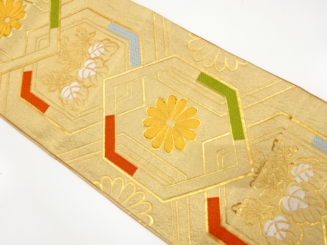 JAPANESE KIMONO / ANTIQUE FUKURO OBI / SILK / WOVEN KIKU & PAULOWNIA